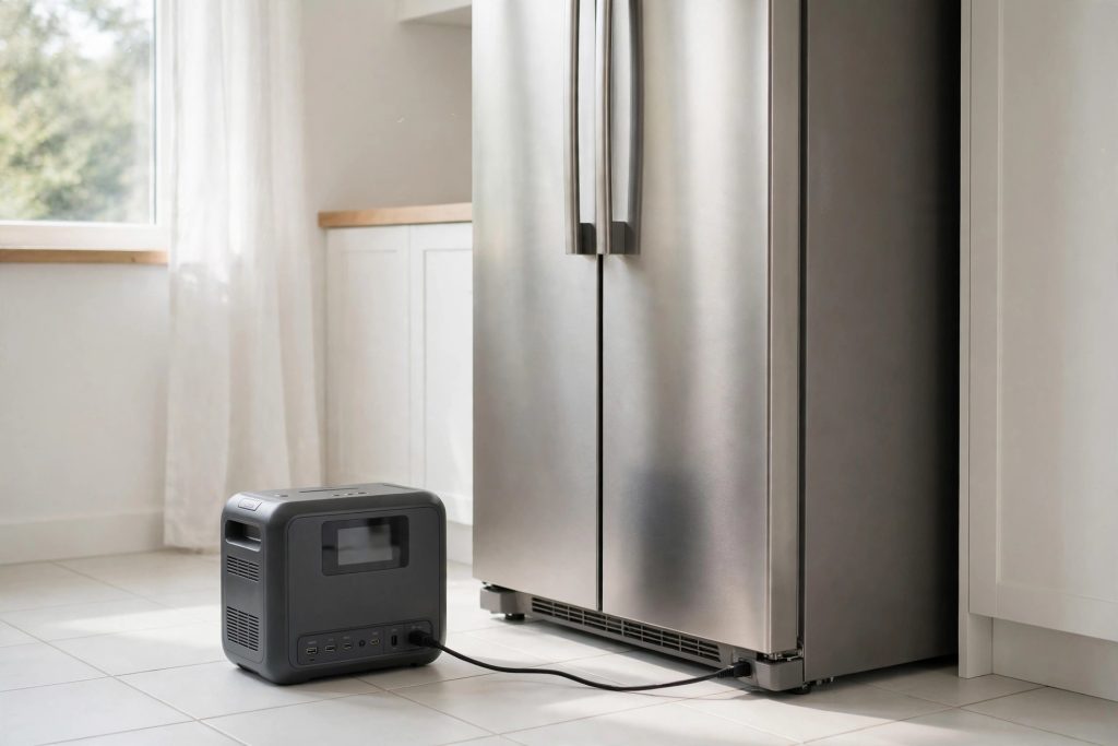 Portable solar generator powering a full-size refrigerator in a bright kitchen