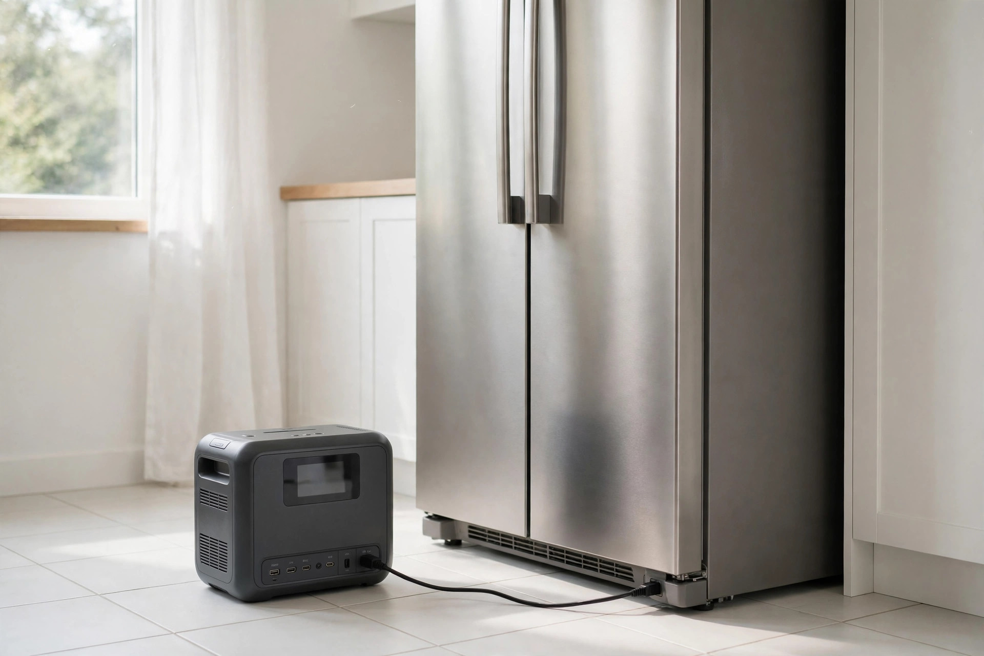 Portable solar generator powering a full-size refrigerator in a bright kitchen