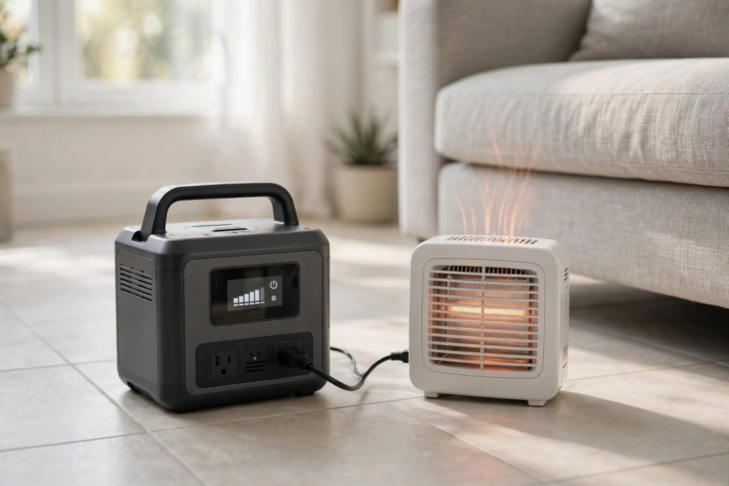 Solar generator powering a white electric space heater in a bright modern living room