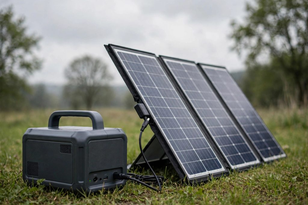 Solar generator with foldable solar panels charging outdoors on an overcast cloudy day