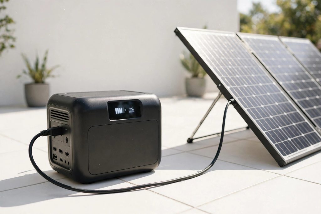 Portable solar generator charging from a folding solar panel on a bright sunlit patio