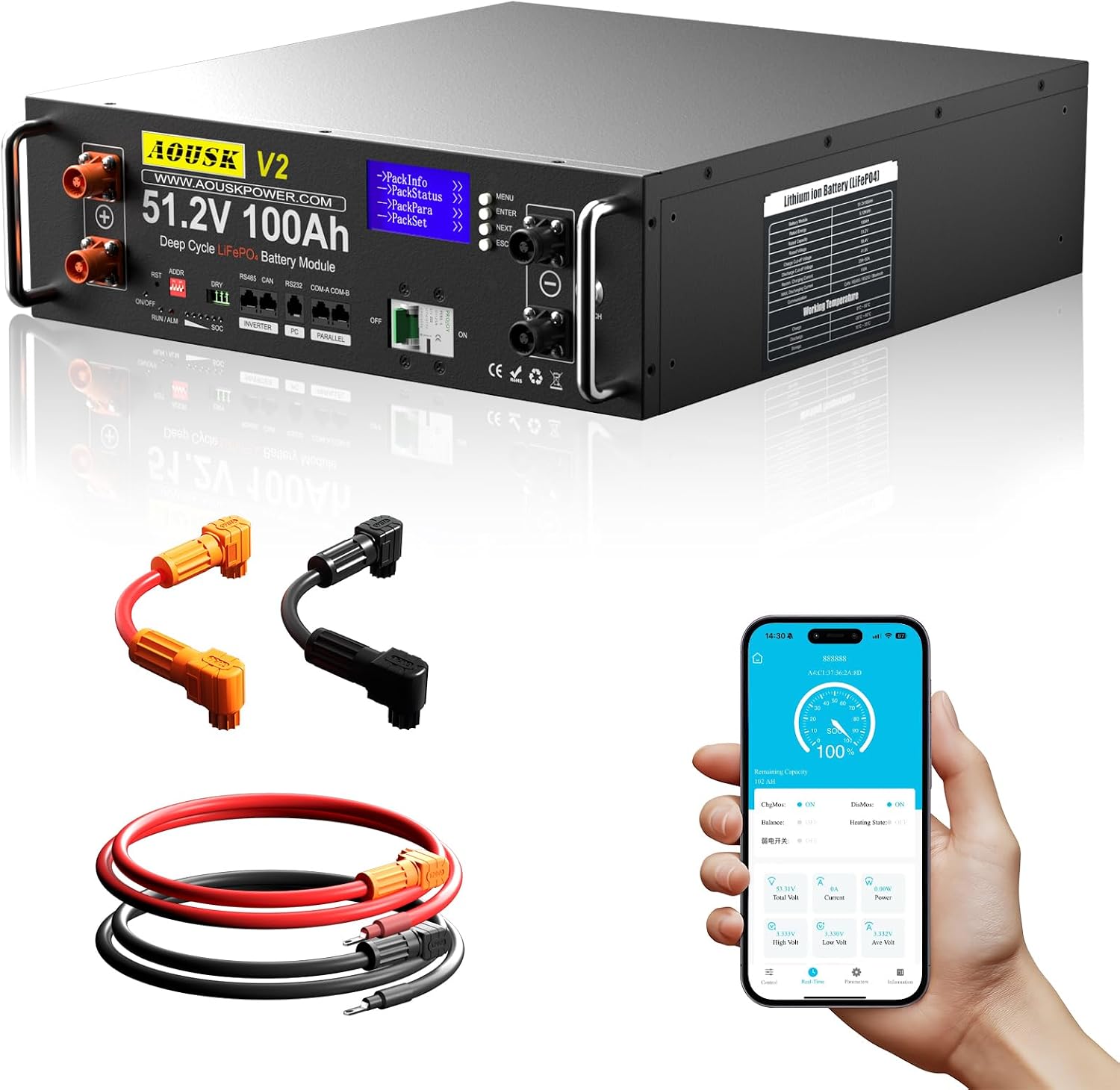51.2V 100Ah(V2) Lithium LiFePO4 Solar Battery, Support inverter communication, Built-in 100A BMS with Bluetooth,Max. 5120W Power Output, 6000+ Cycles,