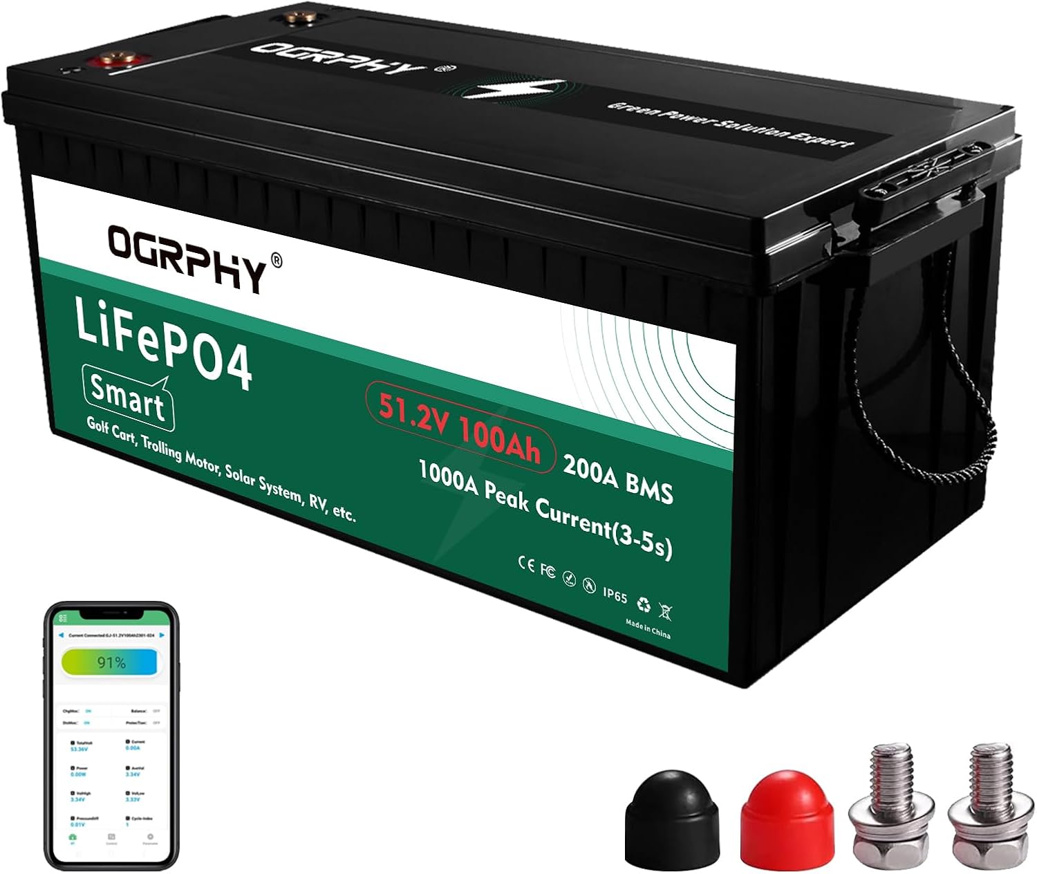 OGRPHY 48V 100AH Lithium Battery, Smart LiFePO4 with 200A BMS, 5.12kWh 48V Lithium Golf Cart Battery with 10.24kW Output, 1000A Peak Current for Golf