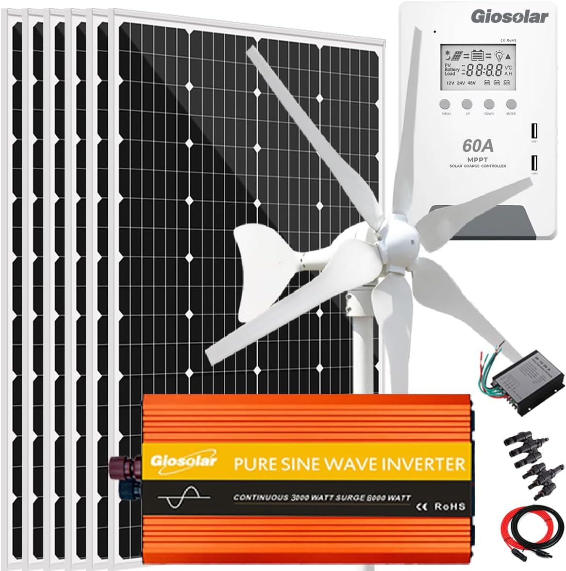 1120W Solar Panel Kit with 400W Wind Turbine Generator + 6pcs 120W Mono Solar Panel + 3000W 12V to 120V Power Inverter + 60A MPPT Solar Charge Control