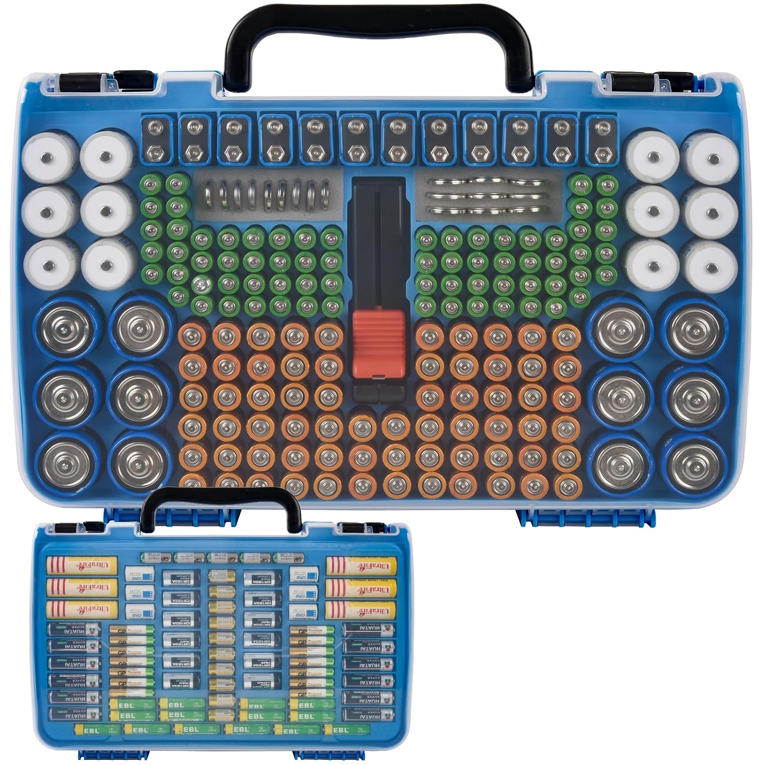 FULLCASE Double-Sided Battery Storage Organizer Case with BT-168 Tester, Holds 269, Fits AA AAA AAAA C D 9V 18650 CR123A CR2 23A 4LR44 and Coin Cells,