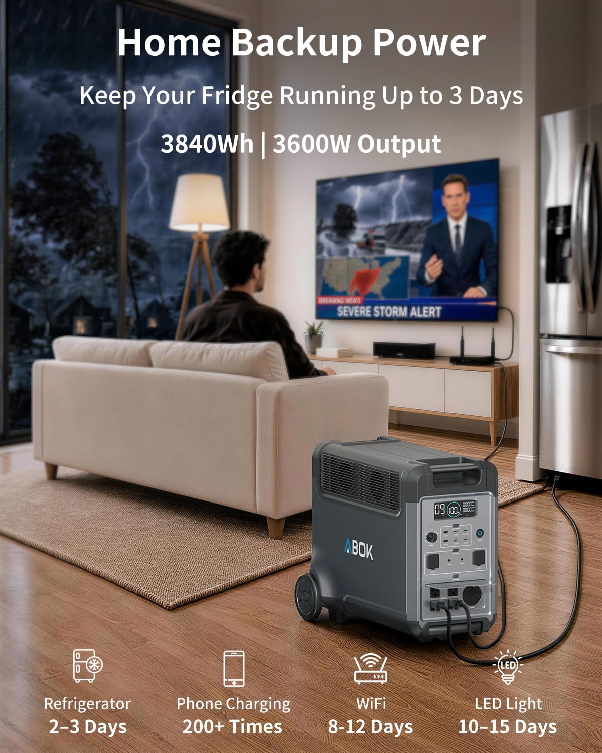 ABOK Ark3600 Portable Power Station 3840Wh with 200W Solar Panel | Expandable to 11520Wh, 3H Fast Charge, 15 Outlets, UPS 10ms, 3600W Solar Generator for Home Backup, Hurricane, Camping, RV : Everything Else - alternate view