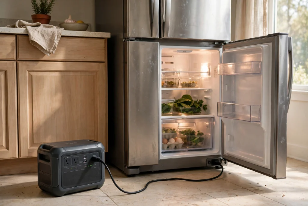 Anker SOLIX S2000 home solar generator powering a refrigerator during a home backup test