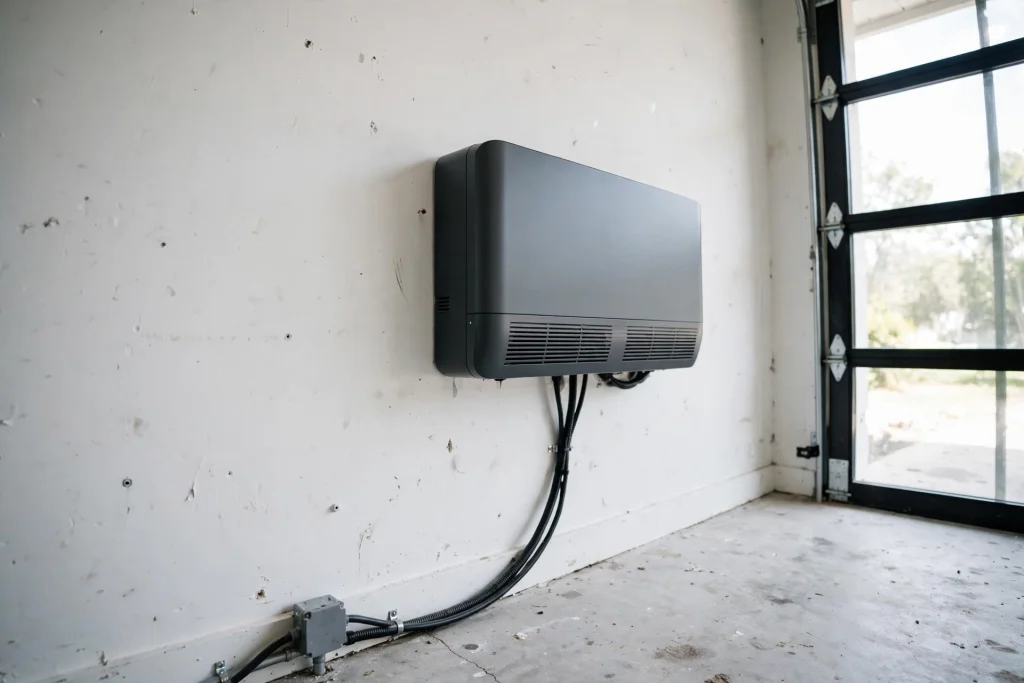 Wall-mounted home battery energy storage system installed in a garage