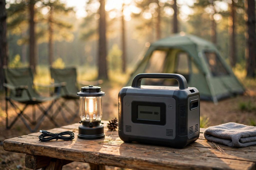 Portable power station on a wooden camp table at a bright forest campsite - best portable power station for camping buying guide
