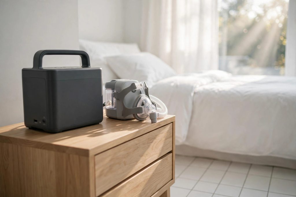 Portable power station on a bedside table next to a CPAP machine in a bright bedroom - best portable power station for CPAP buying guide