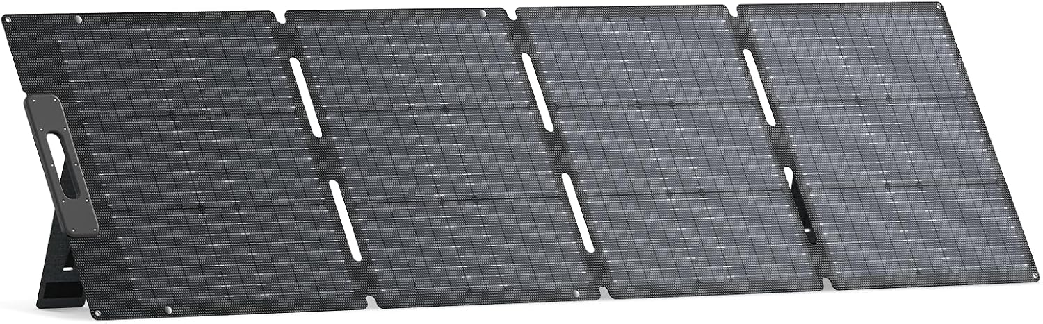 BLUETTI 200W portable folding solar panel with adjustable kickstand on bright daylight background