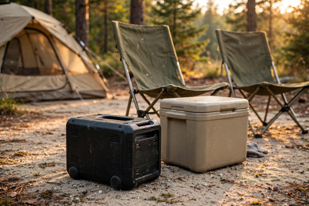 BLUETTI Elite 200 V2 portable power station at a forest campsite - 2073Wh LFP solar power station review
