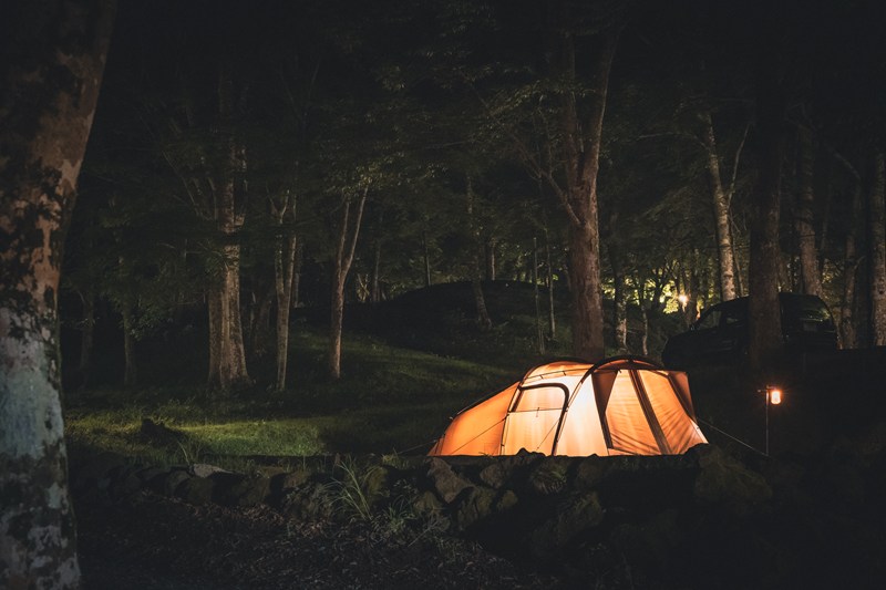 Glowing camping lantern lighting up a tent in the woods at night