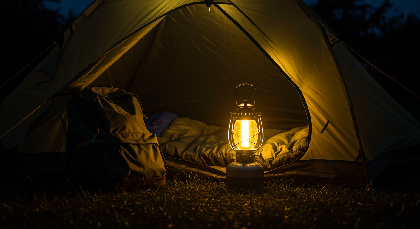 Warm glowing lantern inside a tent during a night camping trip