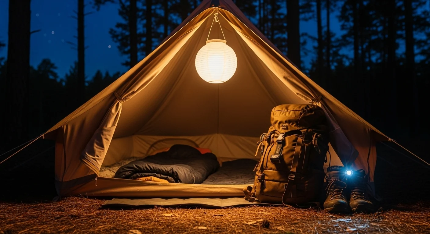 Camping lantern hanging inside a bell tent on a night camping trip