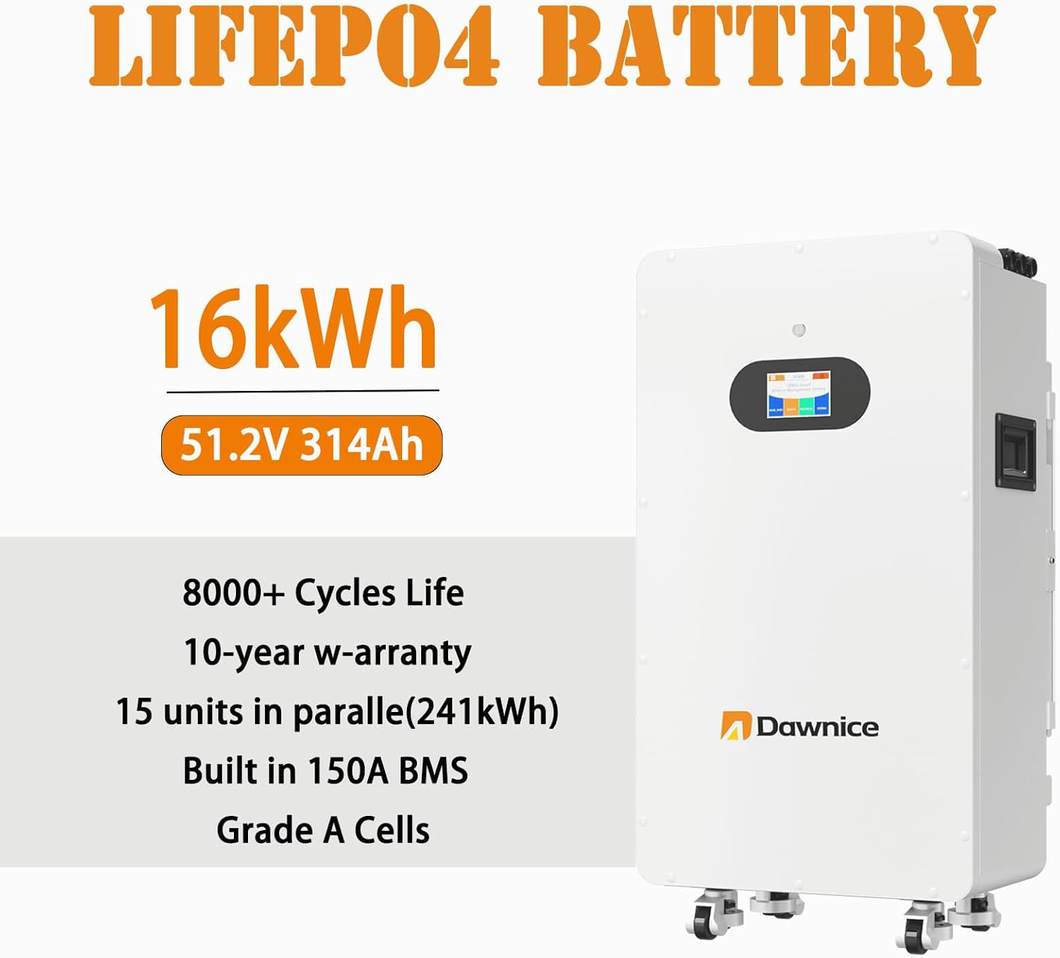 Dawnice 16kwh Lifepo4 51.2V 48V 314Ah Lithium Battery, Build in 16S 150A BMS Deep Cycle with CAN and RS485 Communication Interface for Home Energy Storage, RV, Solar : Patio, Lawn & Garden - alternate view