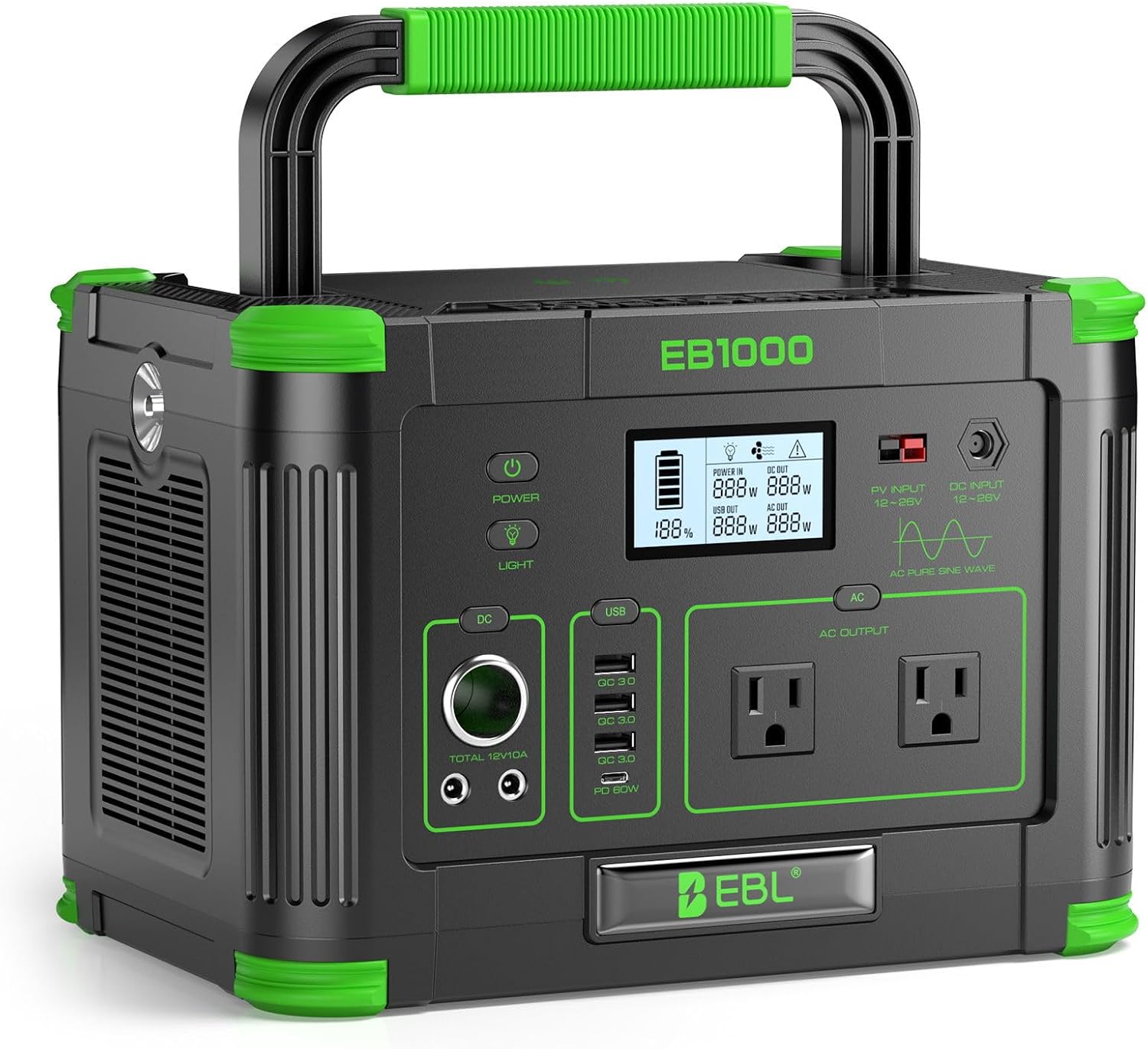 EBL 1000W Portable Power Station 999Wh, Solar Generator Backup for Outdoor | 10 Ports, 60W USB-C PD Fast Charging, 120V Pure Sine Wave AC Outlet for Home Backup, RV Camping, Travel & Off-Grid Living : Patio, Lawn & Garden - product photo