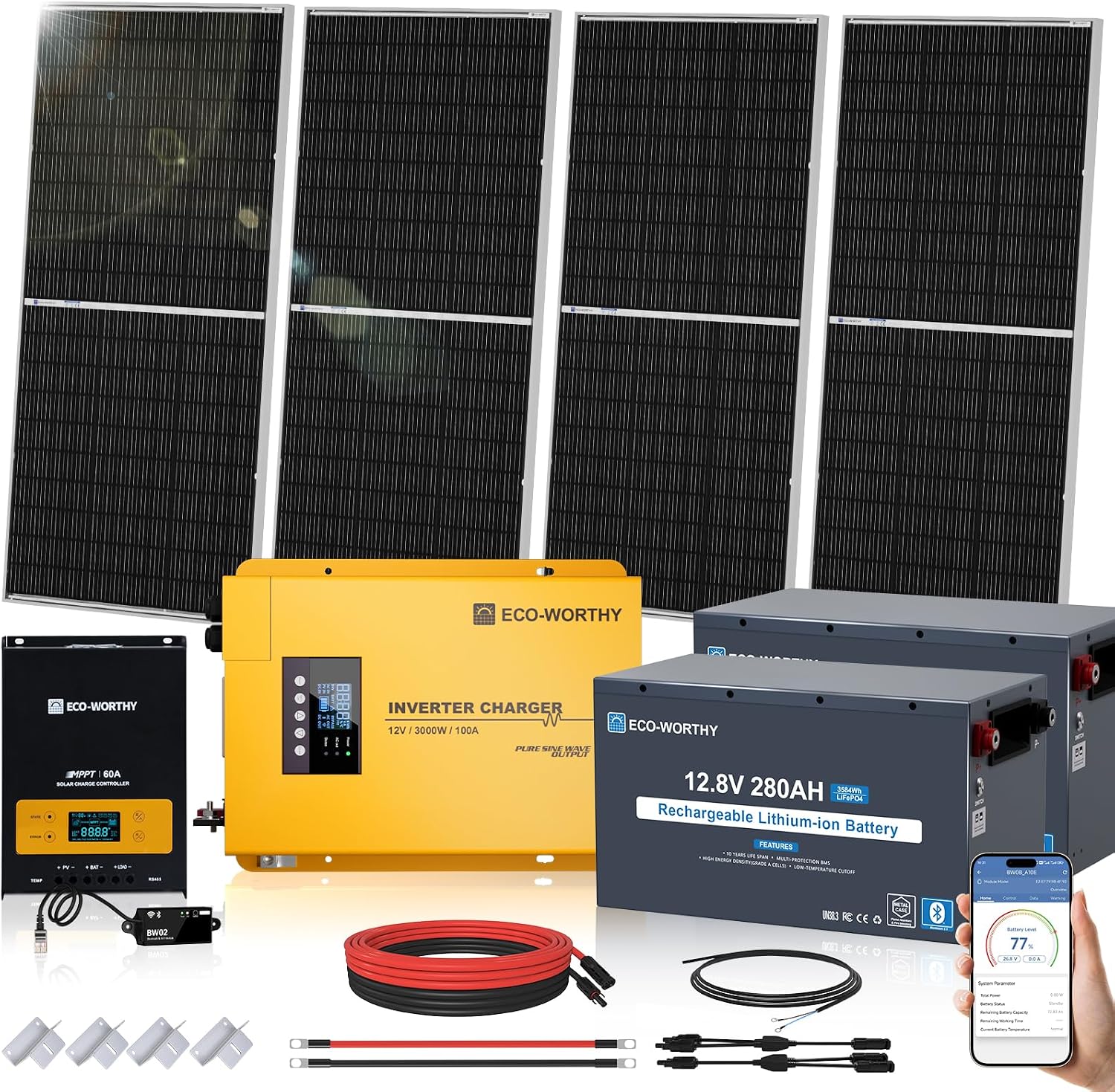 ECO-WORTHY 7.168KWH 800W Solar Panel Kit for RV Off Grid Complete System | 4PCS 195W Solar Panels, 3000W UPS Inverter Charger, 2PCS 12.8V 280AH Lithium Batteries, 60A MPPT Controller Bluetooth : Patio, Lawn & Garden - product photo
