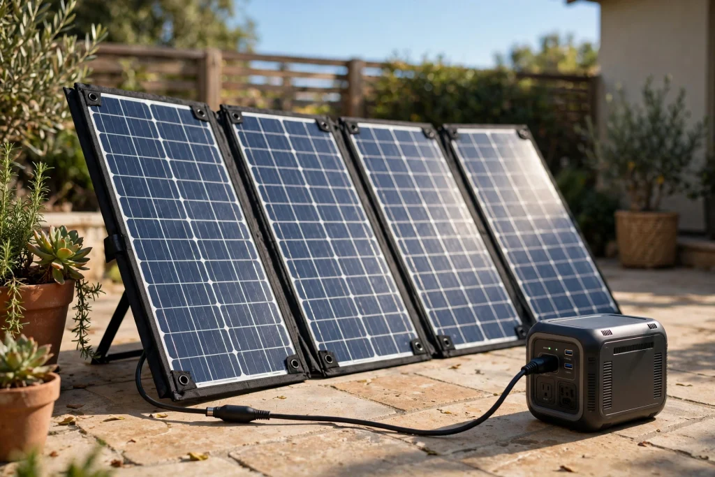 EcoFlow DELTA 2 portable power station charging from a foldable solar panel