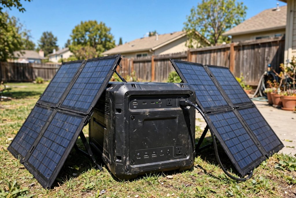 EcoFlow DELTA 3 Classic portable solar generator with 220W folding solar panels in a backyard for home backup power