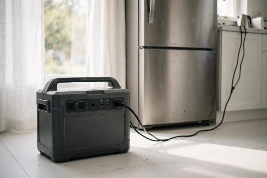 EcoFlow DELTA 3 Max portable power station powering a refrigerator as home backup power