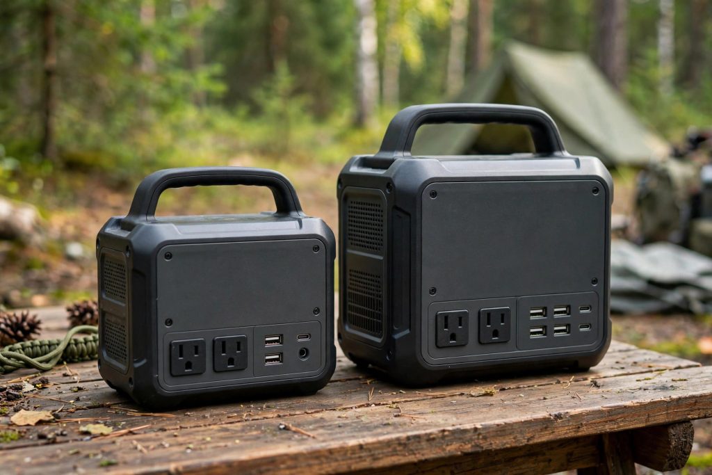 Two compact 500Wh-class portable power stations side by side on a camping table for comparison