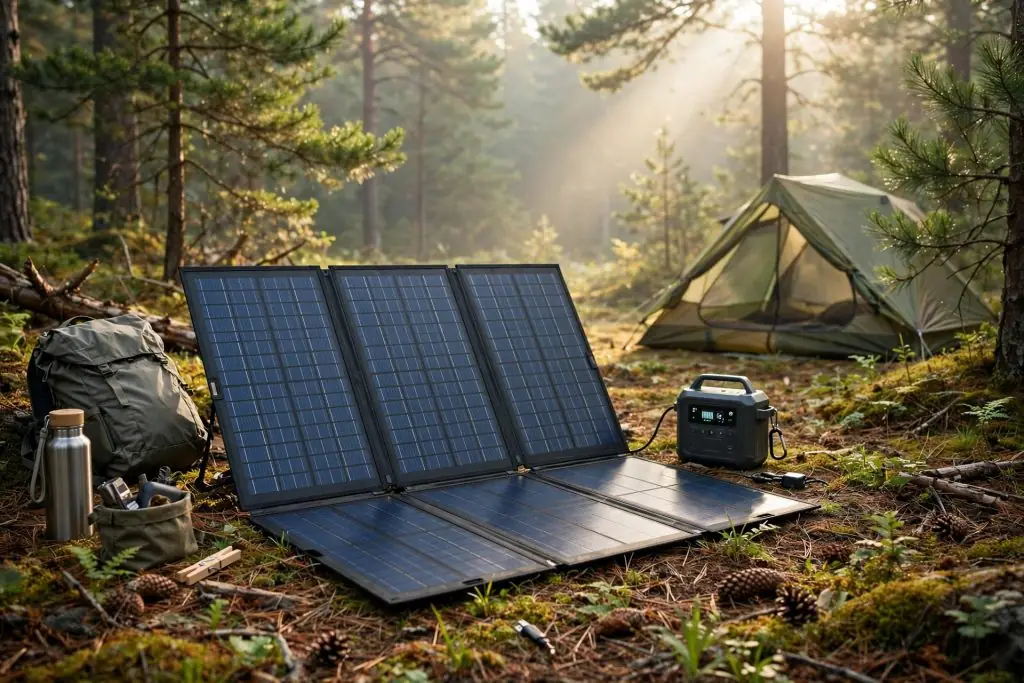 Foldable solar panels charging power station at campsite