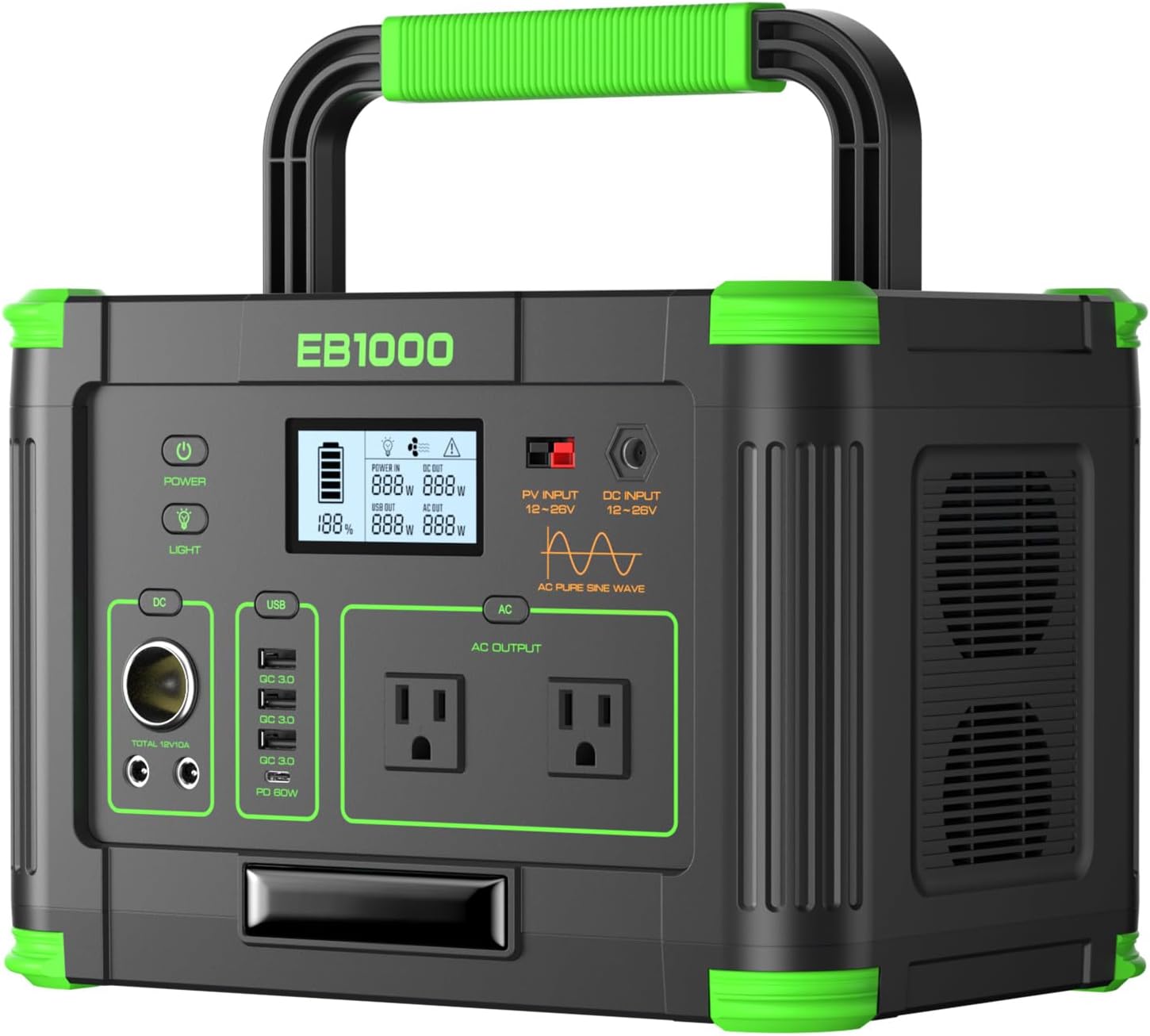 GRECELL 999Wh Solar Generator 1000W Portable Power Station for Outdoor | With 60W USB-C PD Output, 120V Pure Sine Wave AC Outlet Home Camping Travel Hunting Backup Lithium Battery 