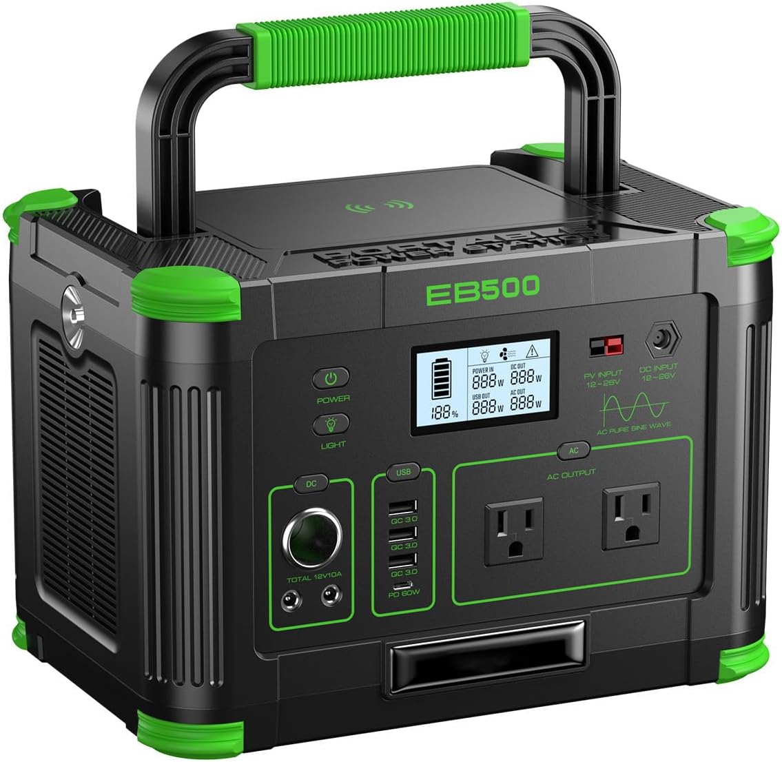 Portable Power Station 500W (Peak 1000W), 519.48Wh Solar Generator Power | with 2AC 120V Outlets, USB-C PD 60W Fast Charging, 10 Ports including Wireless Charger for Camping, RV, Emergency, and Backup : Automotive - product photo