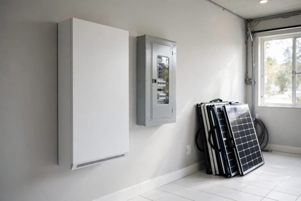 Wall-mounted LFP home solar battery with solar panels - how long do solar batteries last guide