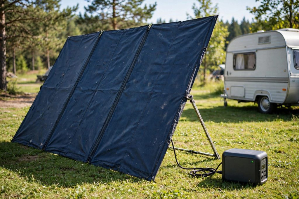 HQST 200W ultra-light portable solar panel set up on kickstands at a sunny campsite charging a power station