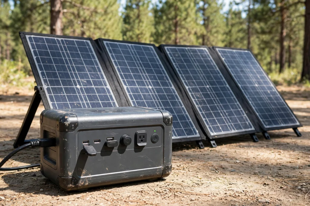 Jackery 1000 v2 portable solar generator with 200W foldable solar panel at a campsite