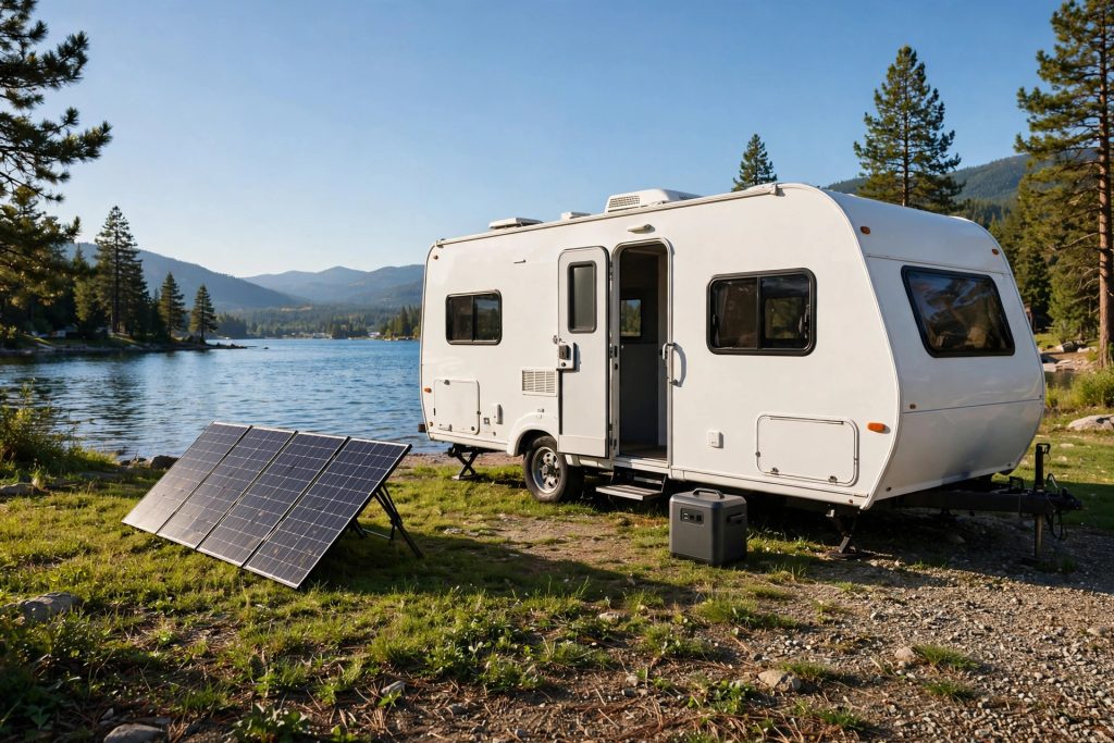 Jackery Explorer 3000 Pro portable power station with solar panels powering an RV travel trailer at a campsite