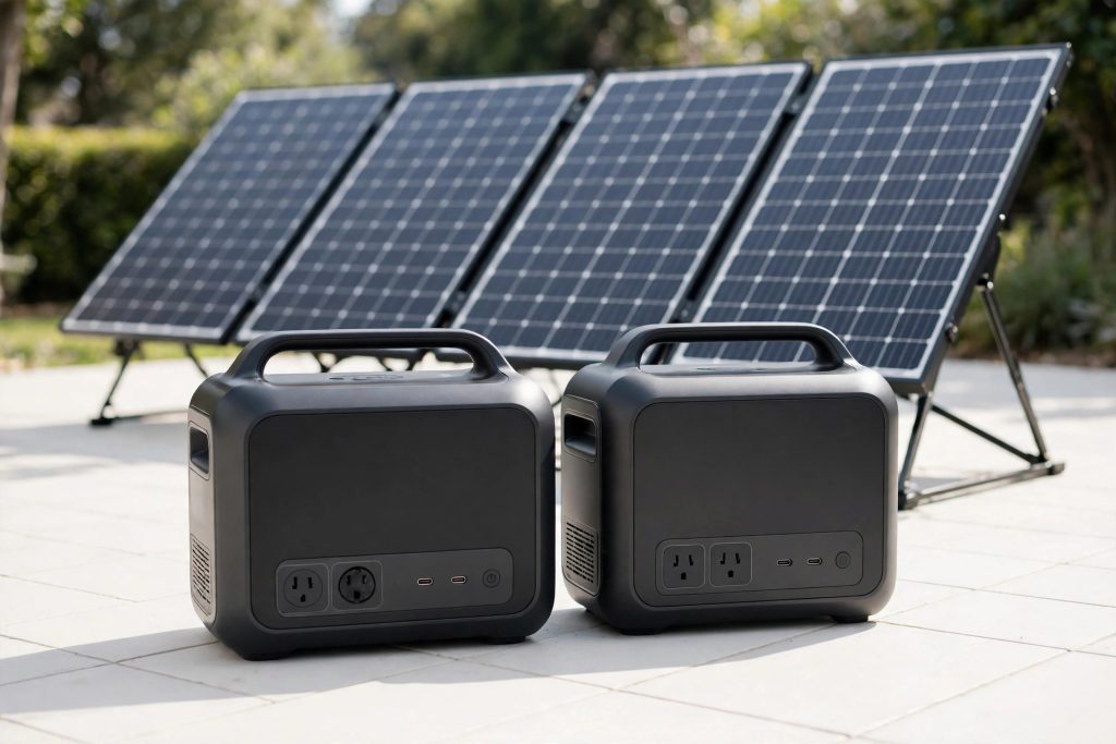Two portable power stations compared side by side with folding solar panels - Jackery vs EcoFlow buying guide