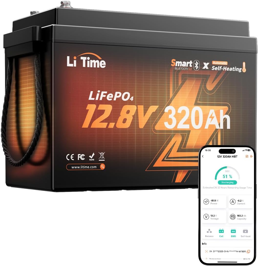 LiTime 12V 320Ah Mini Self-Heating LiFePO4 Battery for RV Solar Marine | Bluetooth, 2 Heating Modes, 4000+ Deep Cycle Lithium Batteries, Low Temp Protection, Max 4P4S, for Cold Cli