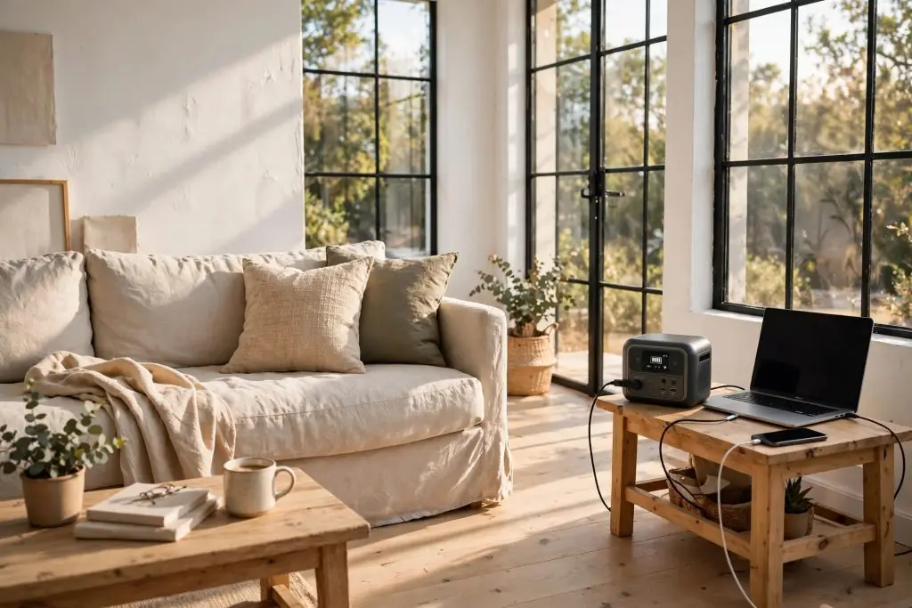 Bright living room with portable power station for home backup power