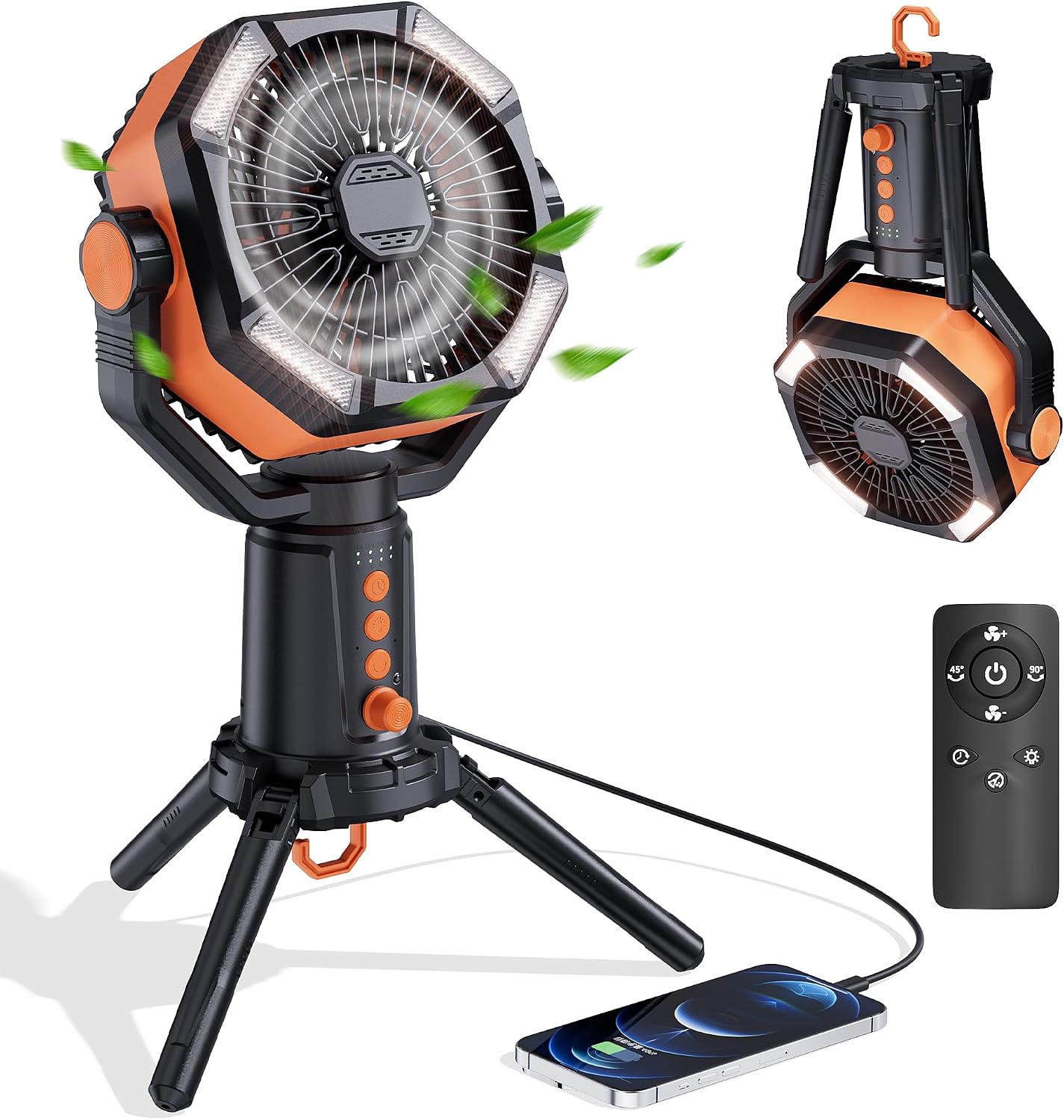 MORIKO Table Fans Tripod, 20000mAh Rechargeable Battery Operated Portable Tent Fan with LED Lantern, Remote Control, Hook, 270° Pivot, Stepless Speed-Ideal for Camping, Picnic, Barbecue, Jobsite : Home & Kitchen - product photo