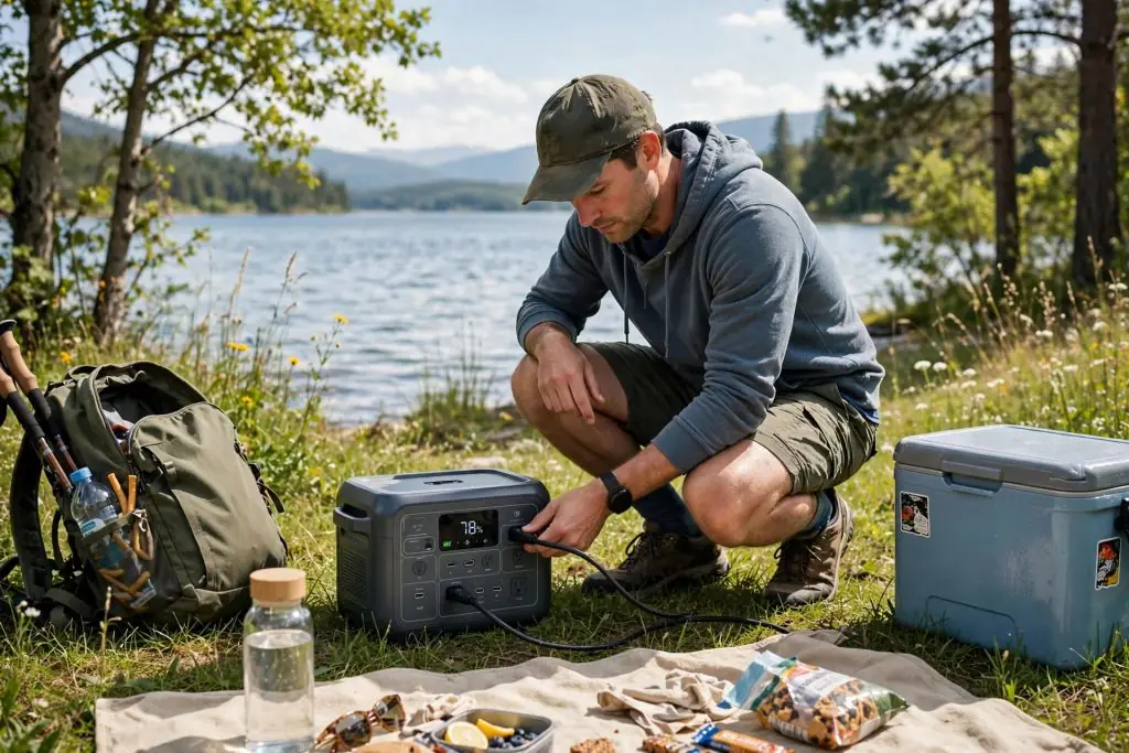 Camper plugging cable into portable power station outdoors