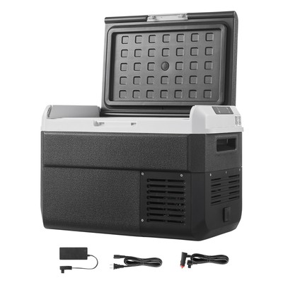 Portable car refrigerator freezer with the lid open for camping trips
