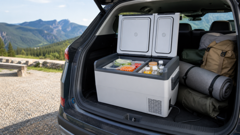 Portable car refrigerator stocked with food and drinks in a car trunk while camping