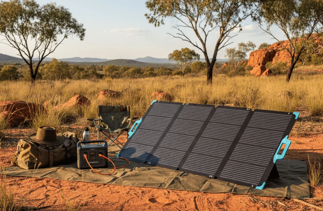 Portable folding solar panel set up with a power station while camping outdoors
