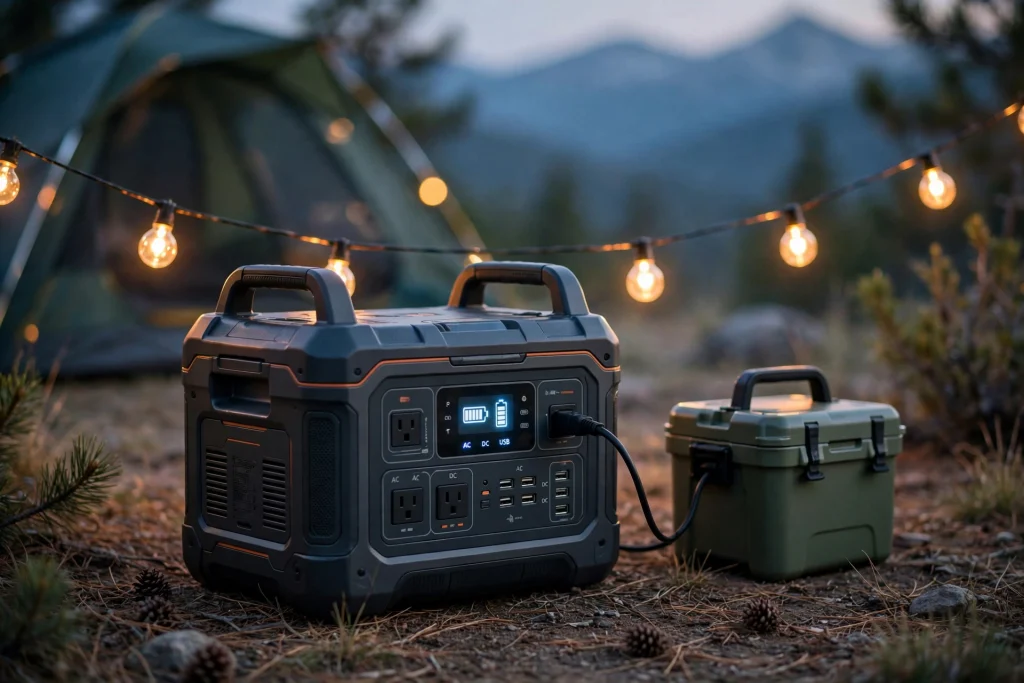 Portable power station field tested at a campsite at dusk powering camp lights