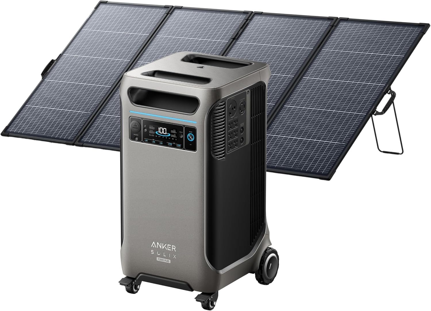 Portable power station paired with folding solar panels for home backup power