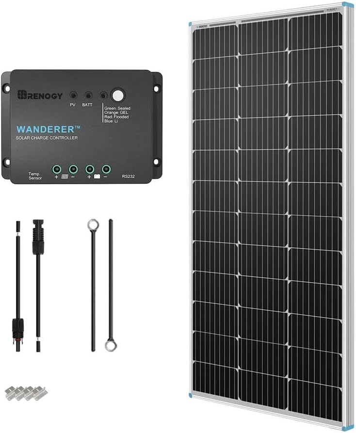 Renogy 100W 12V Solar Panel Starter Kit with 30A PWM Controller | Complete kit includes Monocrystalline solar panel, Charger Controller, cables, Z-brackets. For RVs, campers, off-g