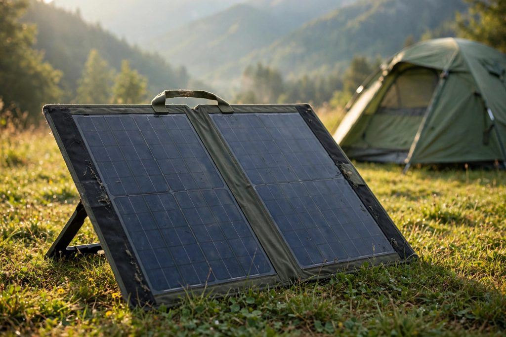 Unfolded Renogy 200W foldable solar panel propped up at a sunny campsite next to a tent