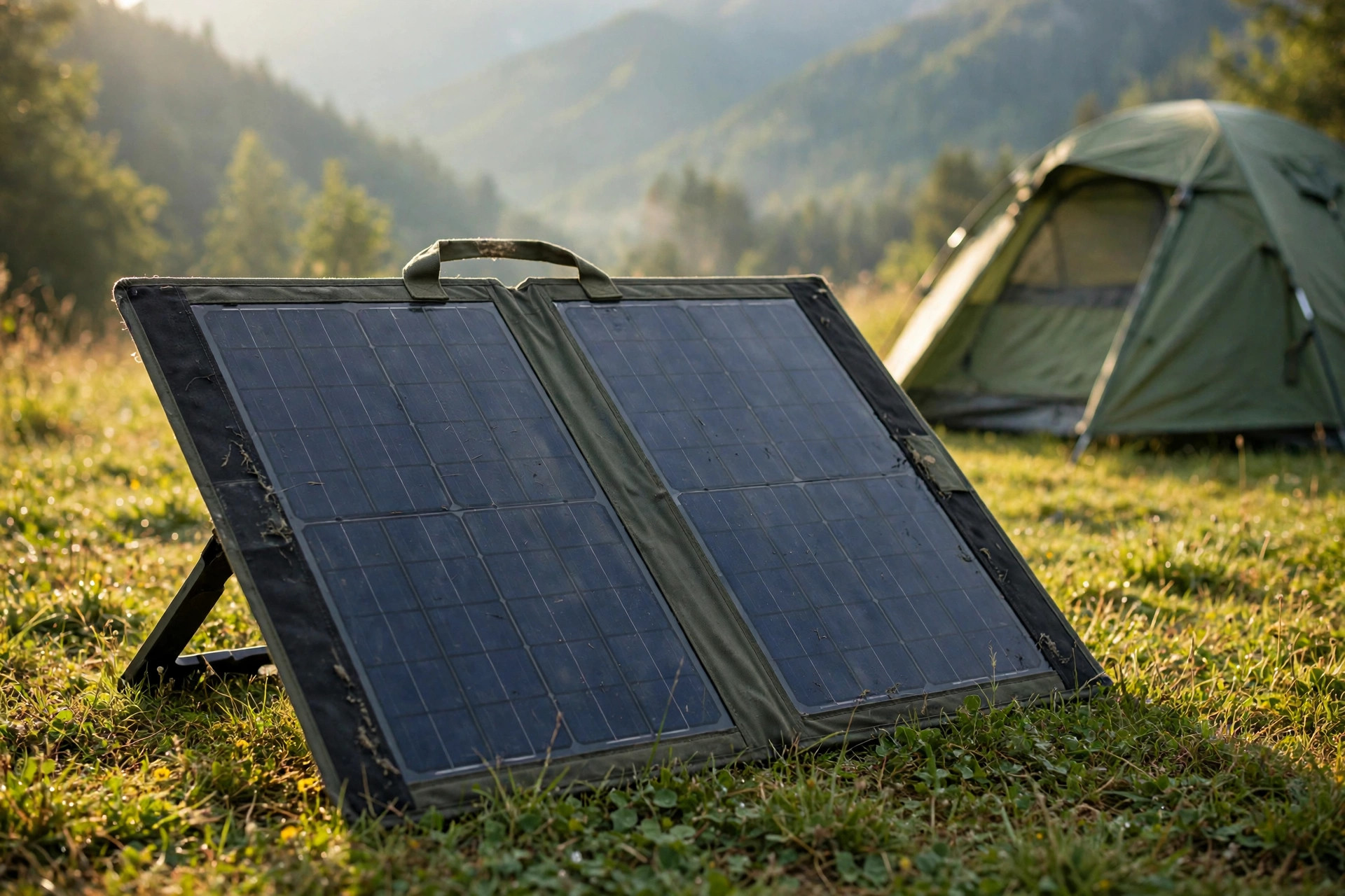 Unfolded Renogy 200W foldable solar panel propped up at a sunny campsite next to a tent