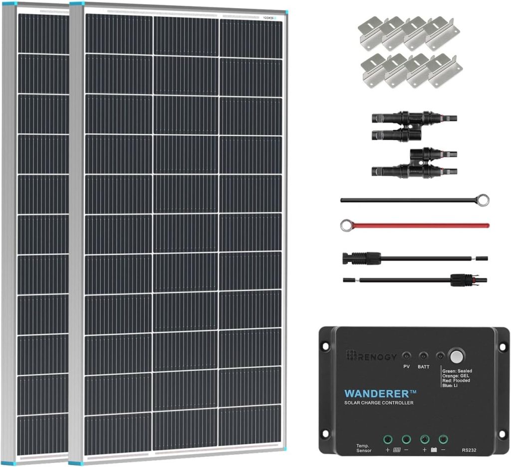 Renogy 200W solar panel kit with 30A PWM charge controller, mounting brackets and cables