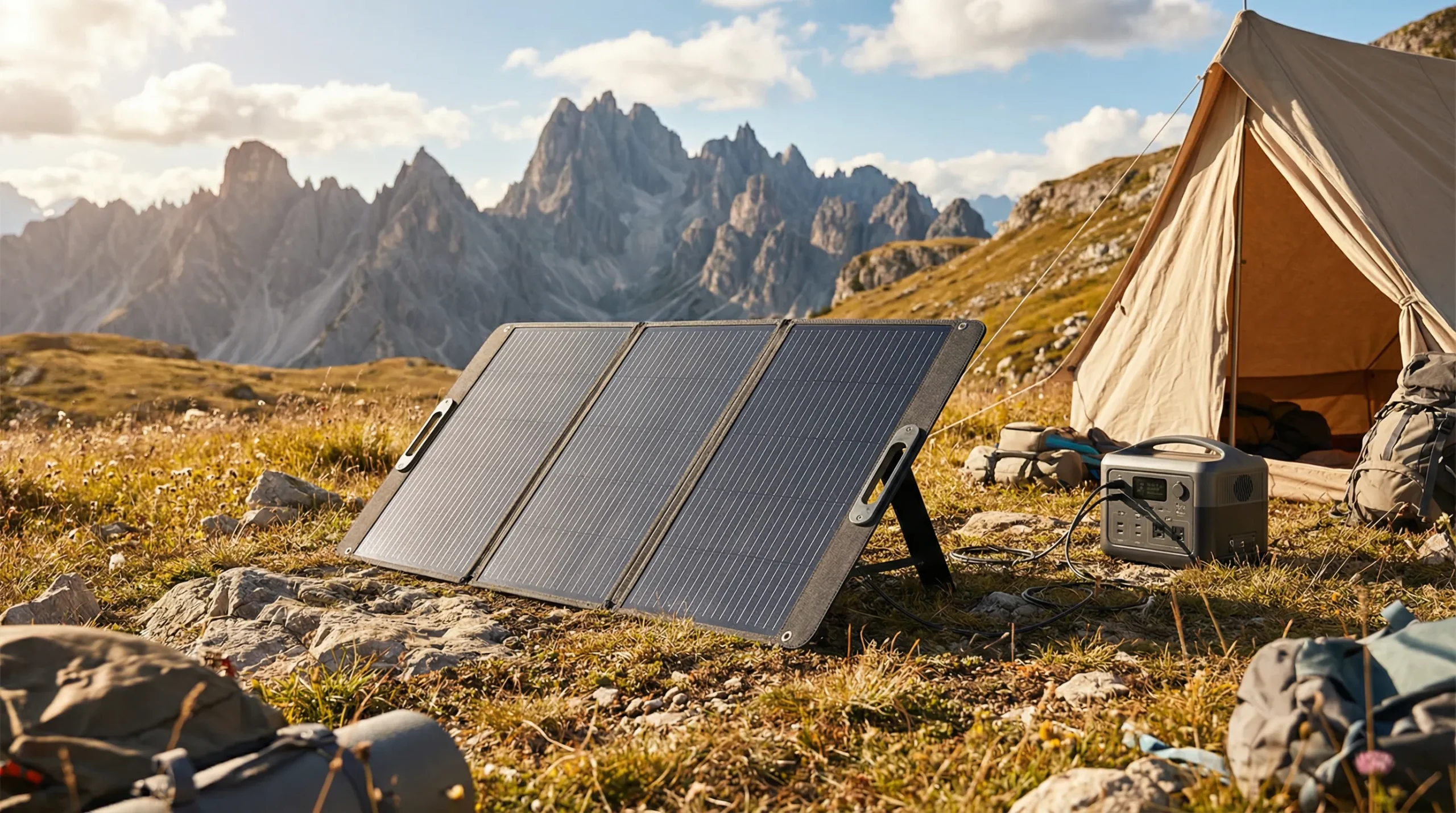 Solar generator kit with folding solar panels charging at a mountain campsite