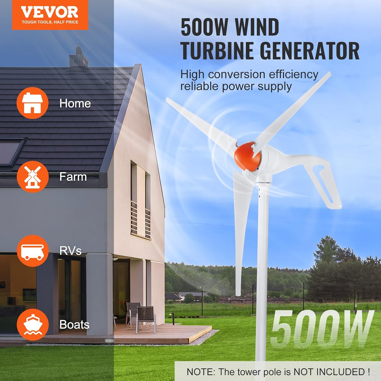 VEVOR 12V-500W Wind Turbine Generator Kit with Anemometer, 3-Blade Wind Power Generator, MPPT Controller & Adjustable Windward Direction, Suitable for Home, RVs, Boats, Farm : Patio, Lawn & Garden - alternate view