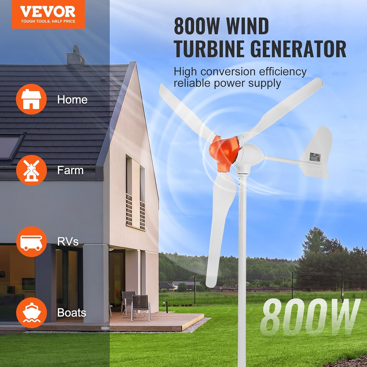 VEVOR 800W Wind Turbine Generator, 12V Wind-Turbine Kit, 3-Blade Power Generator with MPPT Controller & 2.5m/s Startup Speed, Suitable for Home, Farm, RVs, Boats (Tower Pole Not Included) : Patio, Lawn & Garden - alternate view